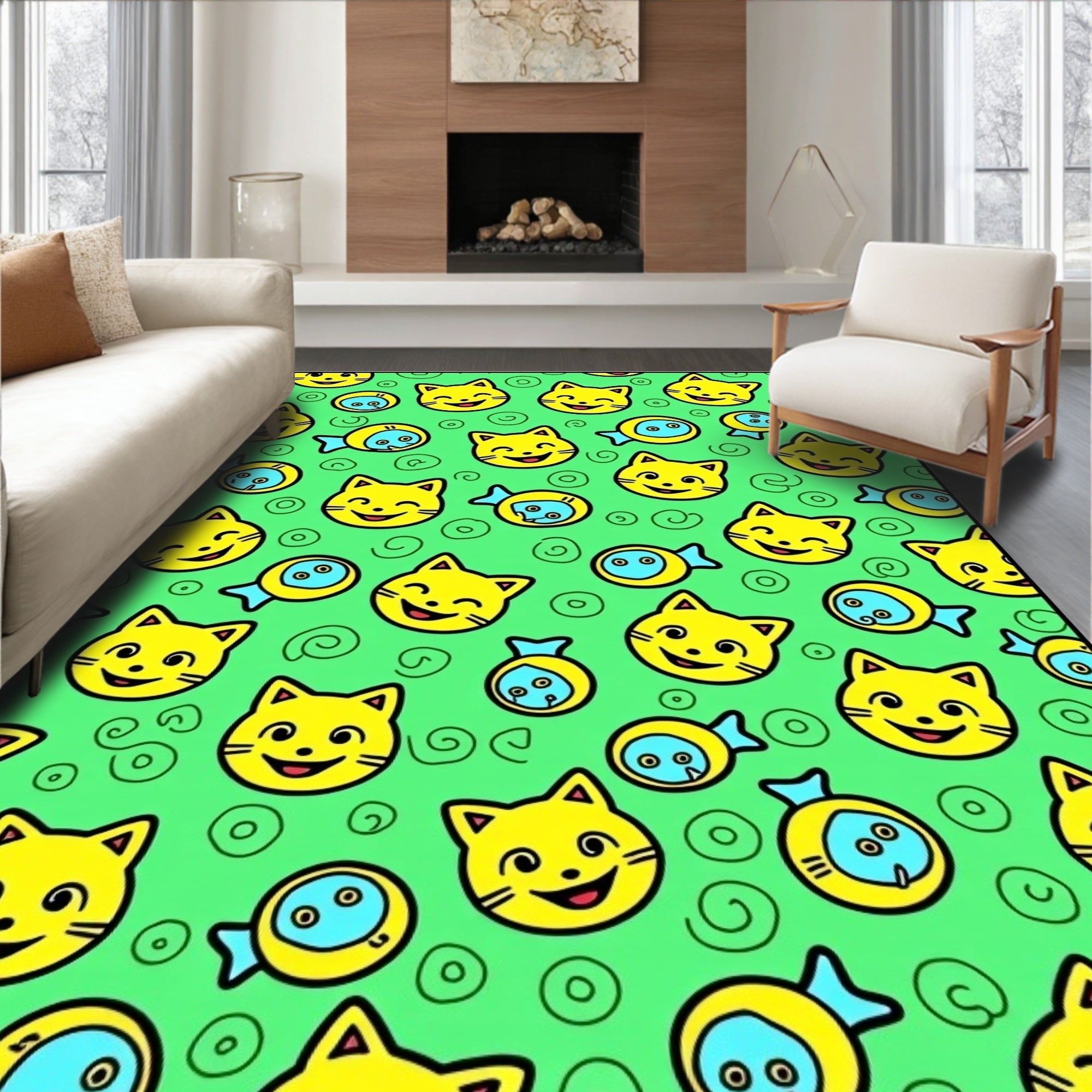 Happy Yellow Cats And Fish Rug