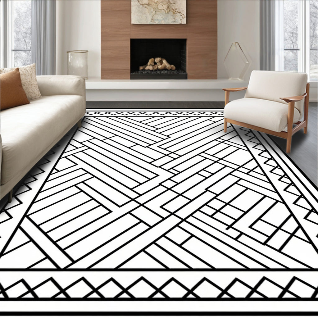 Bold Black Geometric Wood Grain Rug