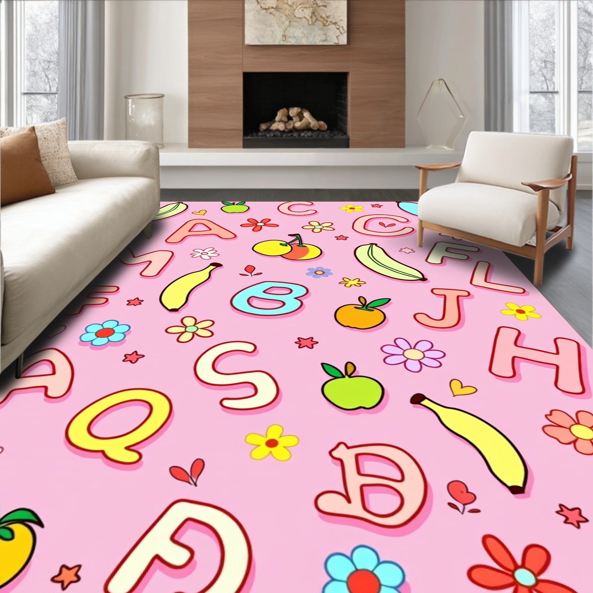 Whimsical Alphabet Fruit Floral Pink Rug