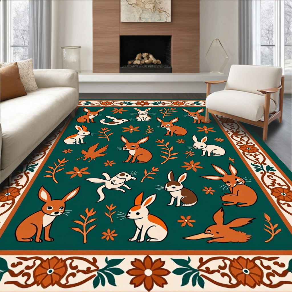 Whimsical Rabbits Emerald Border Rug