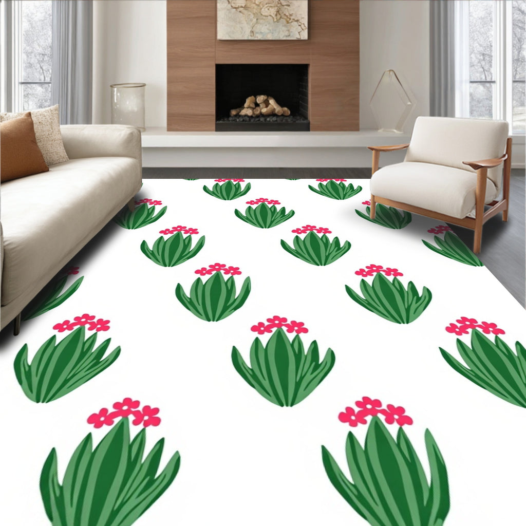Whimsical Pink Floral Green Foliage Rug