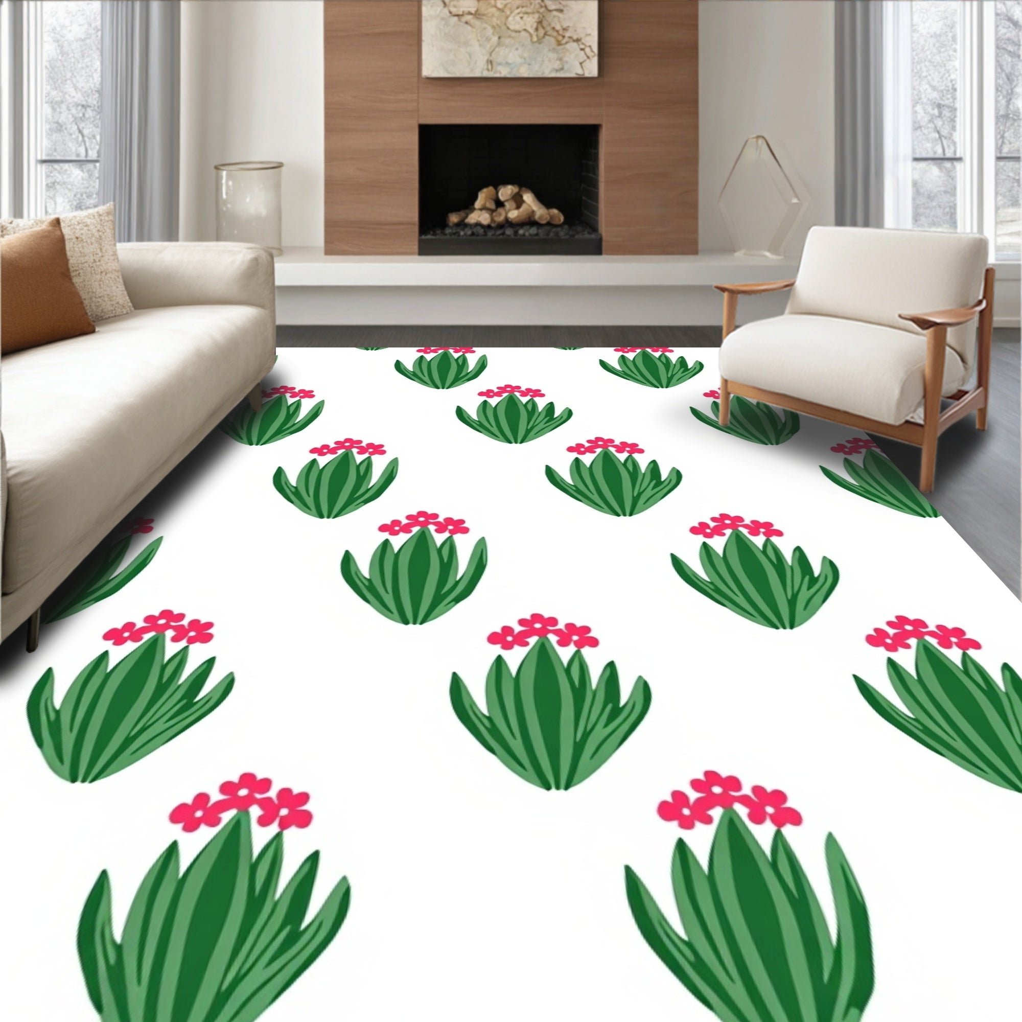 Whimsical Pink Floral Green Foliage Rug