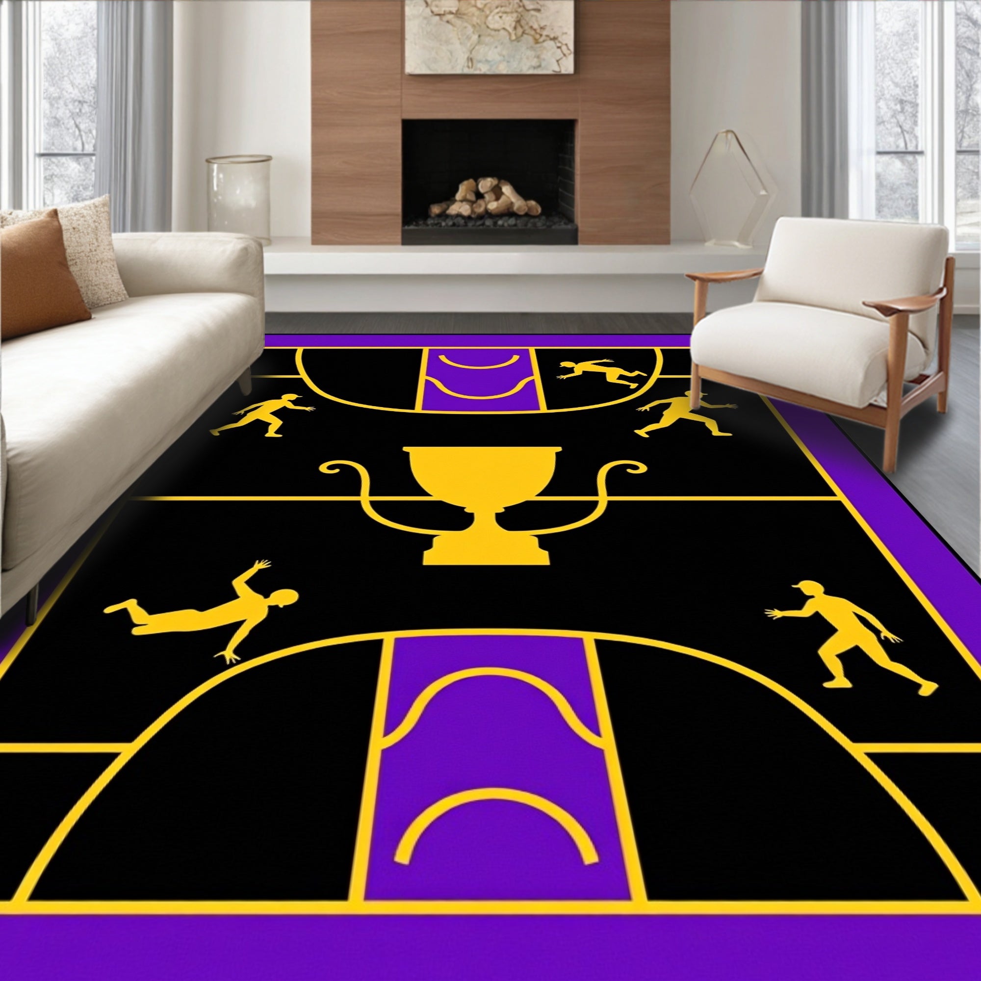 Golden Trophy Black Purple Figures Rug
