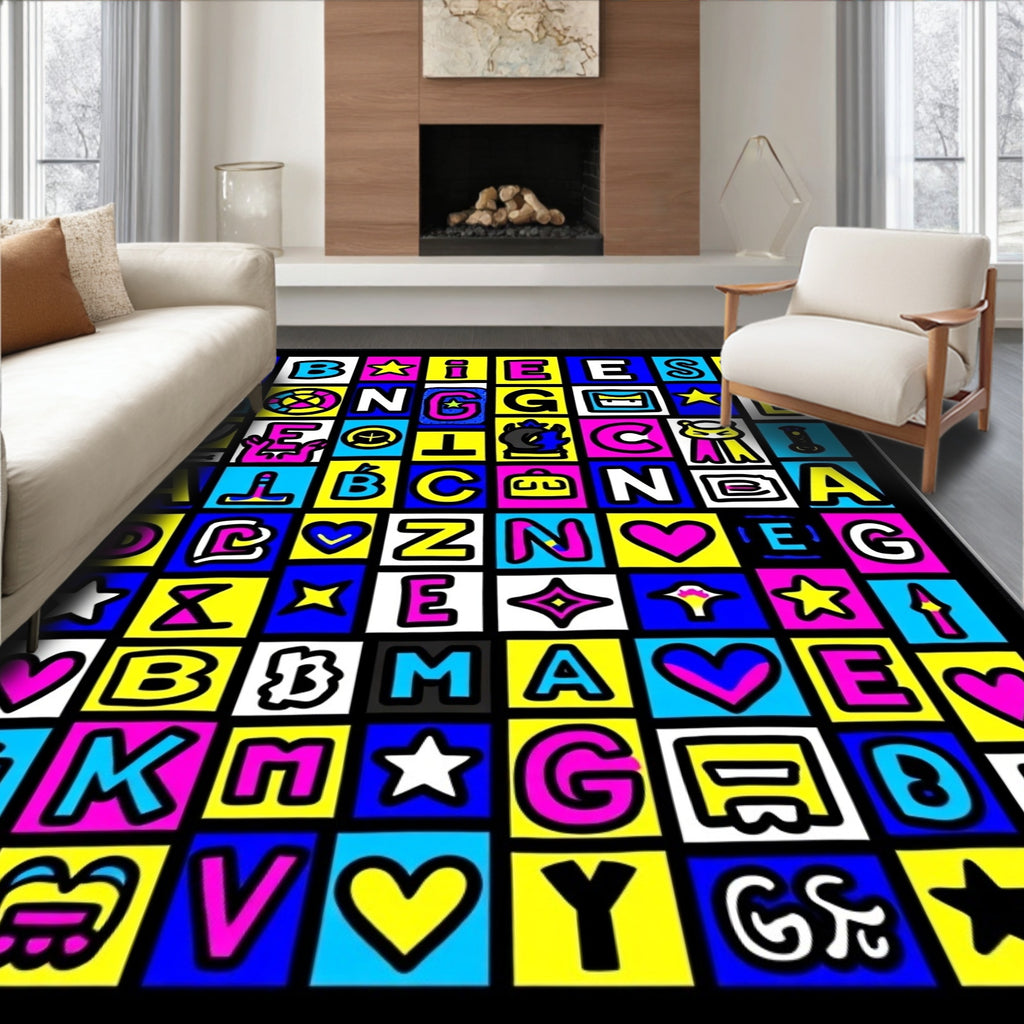 Retro Alphabet Grid Vibrant Color Rug