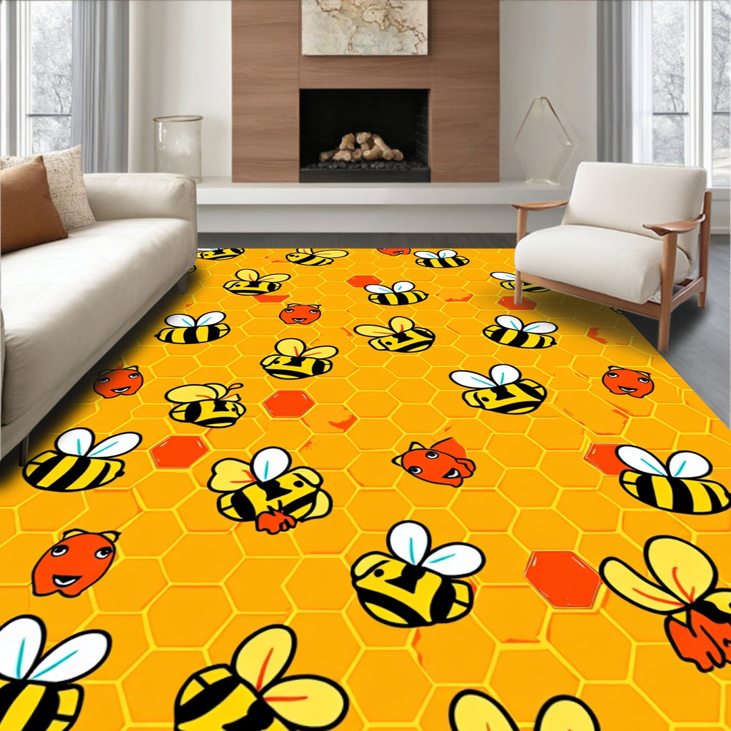 Cute Flying Bees Honeycomb Background Rug