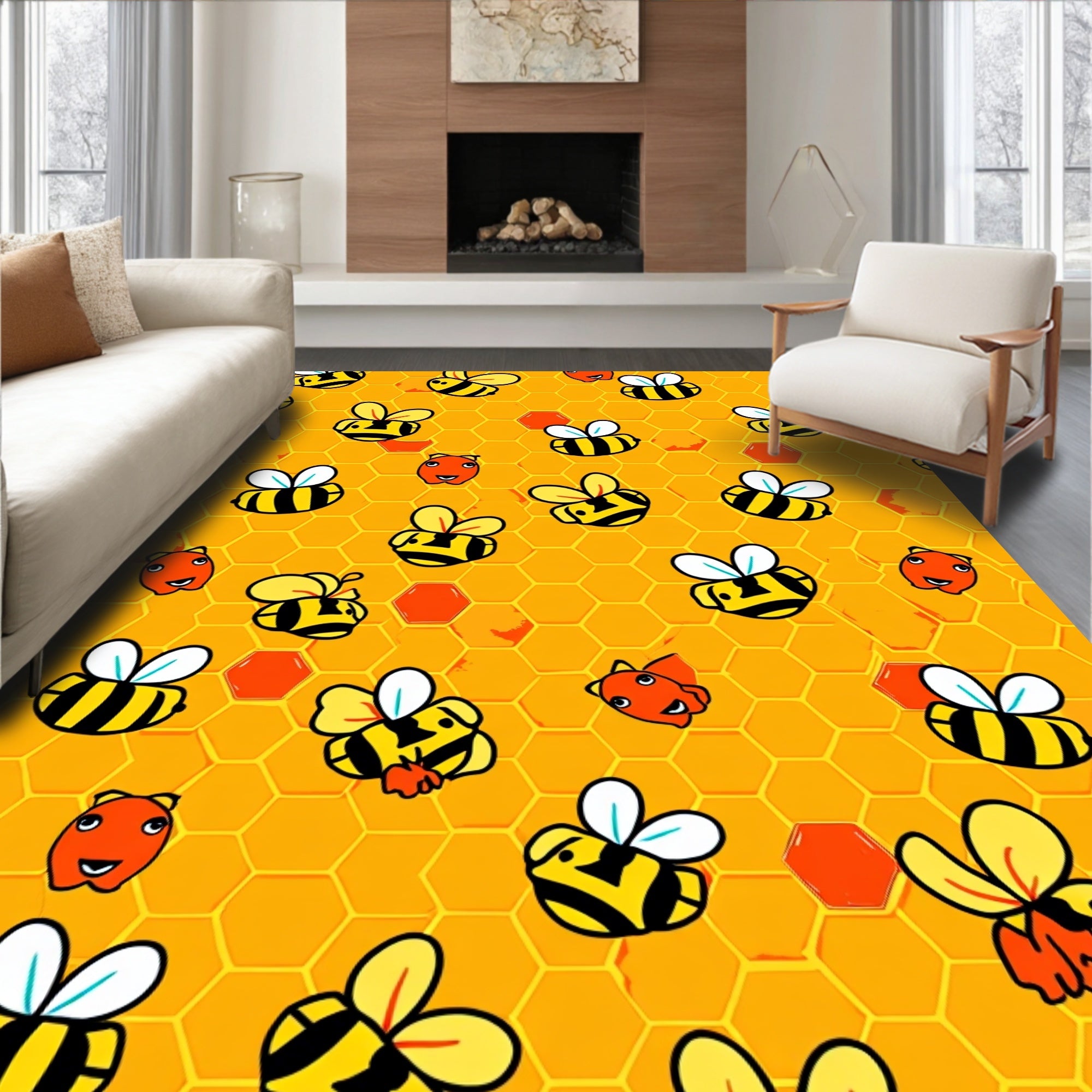 Cute Flying Bees Honeycomb Background Rug