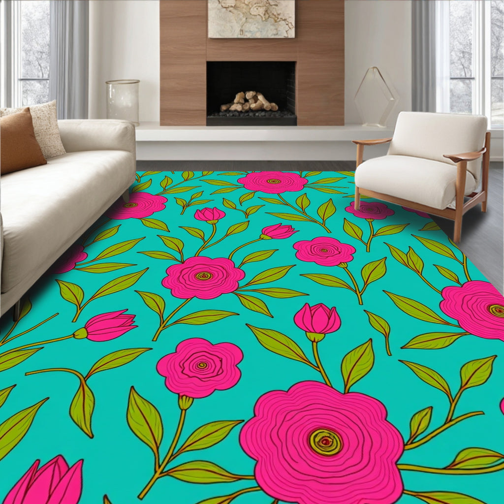 Vibrant Pink Floral Branches Teal Rug