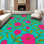 Vibrant Pink Floral Branches Teal Rug