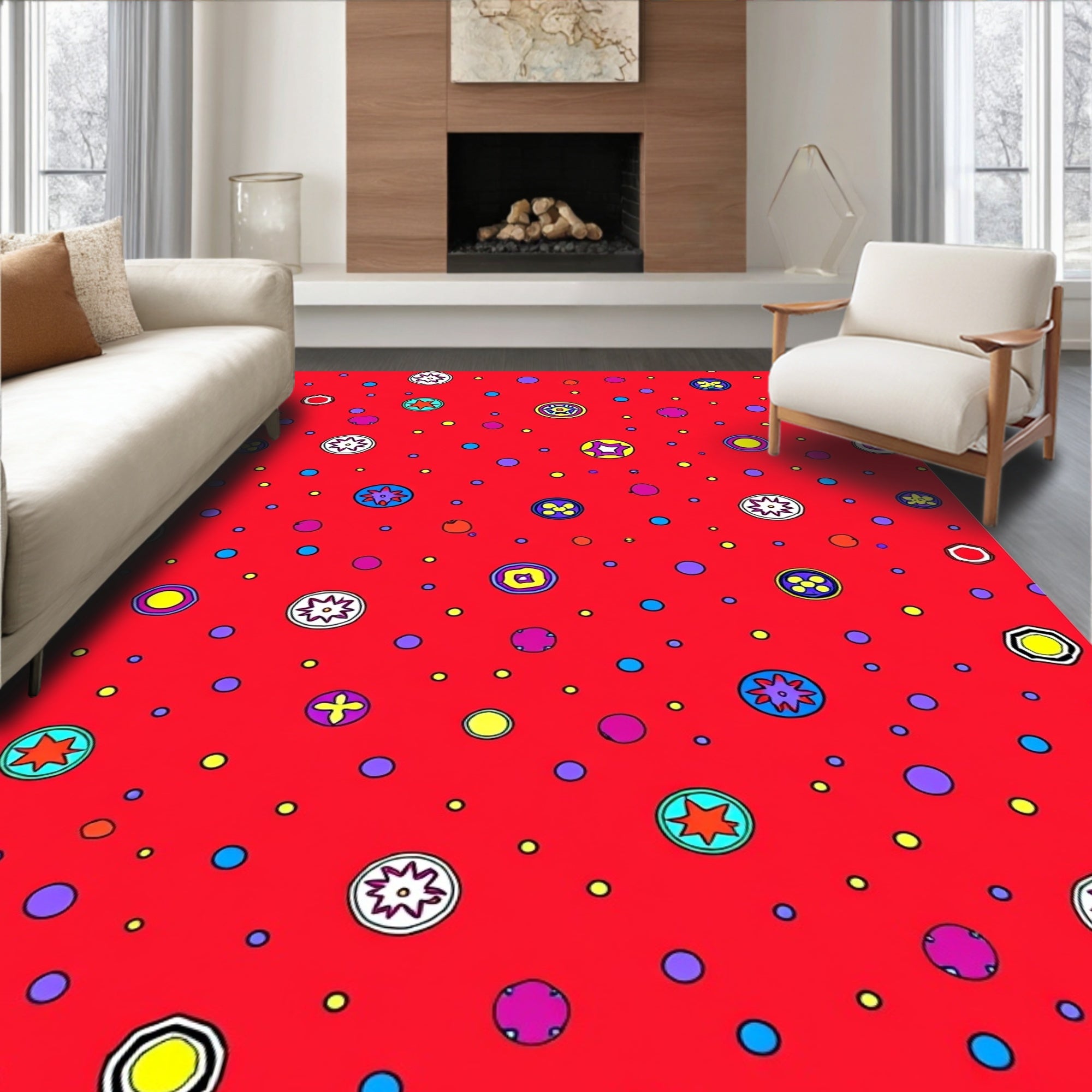 Bright Red Scattered Circles Medallion Rug