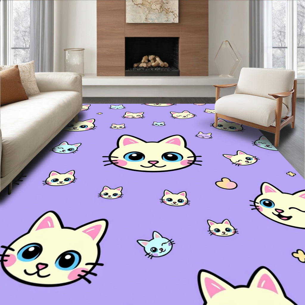 Whimsical Kitty Pastel Purple Cats Rug