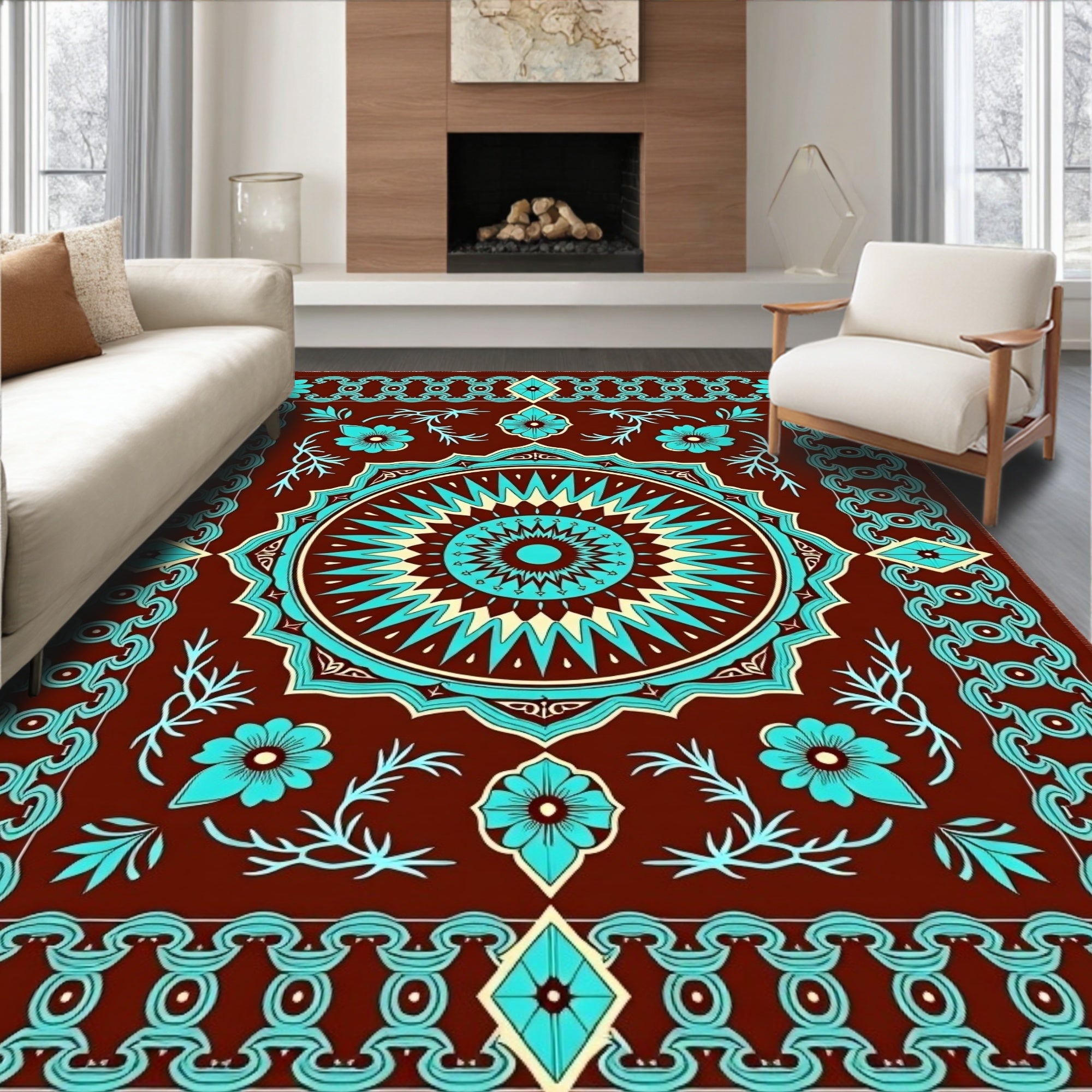Brown Cyan Sunburst Floral Medallion Rug