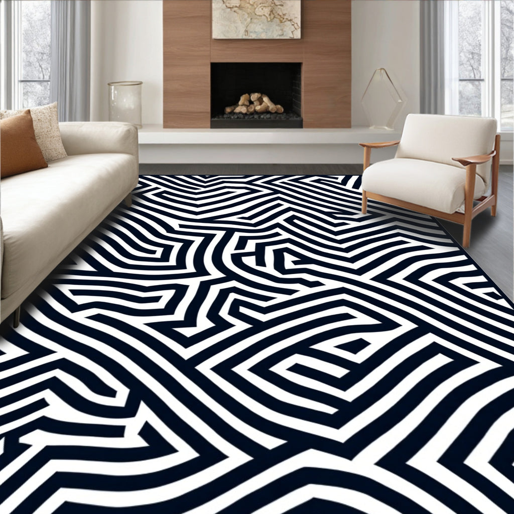 Modern Black White Maze Lines Rug