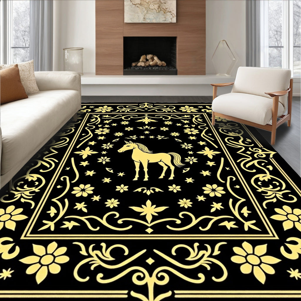Golden Unicorn Floral Scroll Black Rug