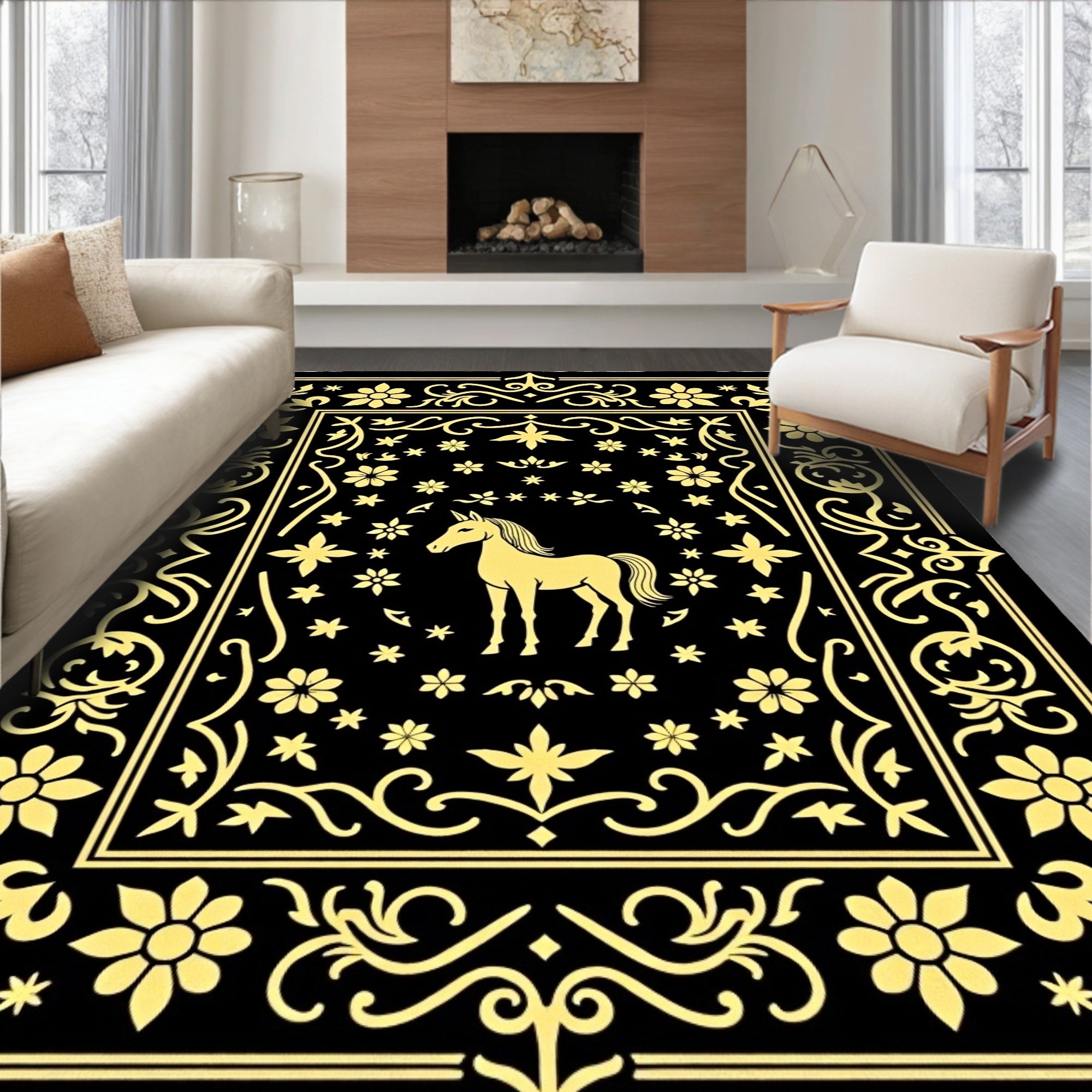 Golden Unicorn Floral Scroll Black Rug