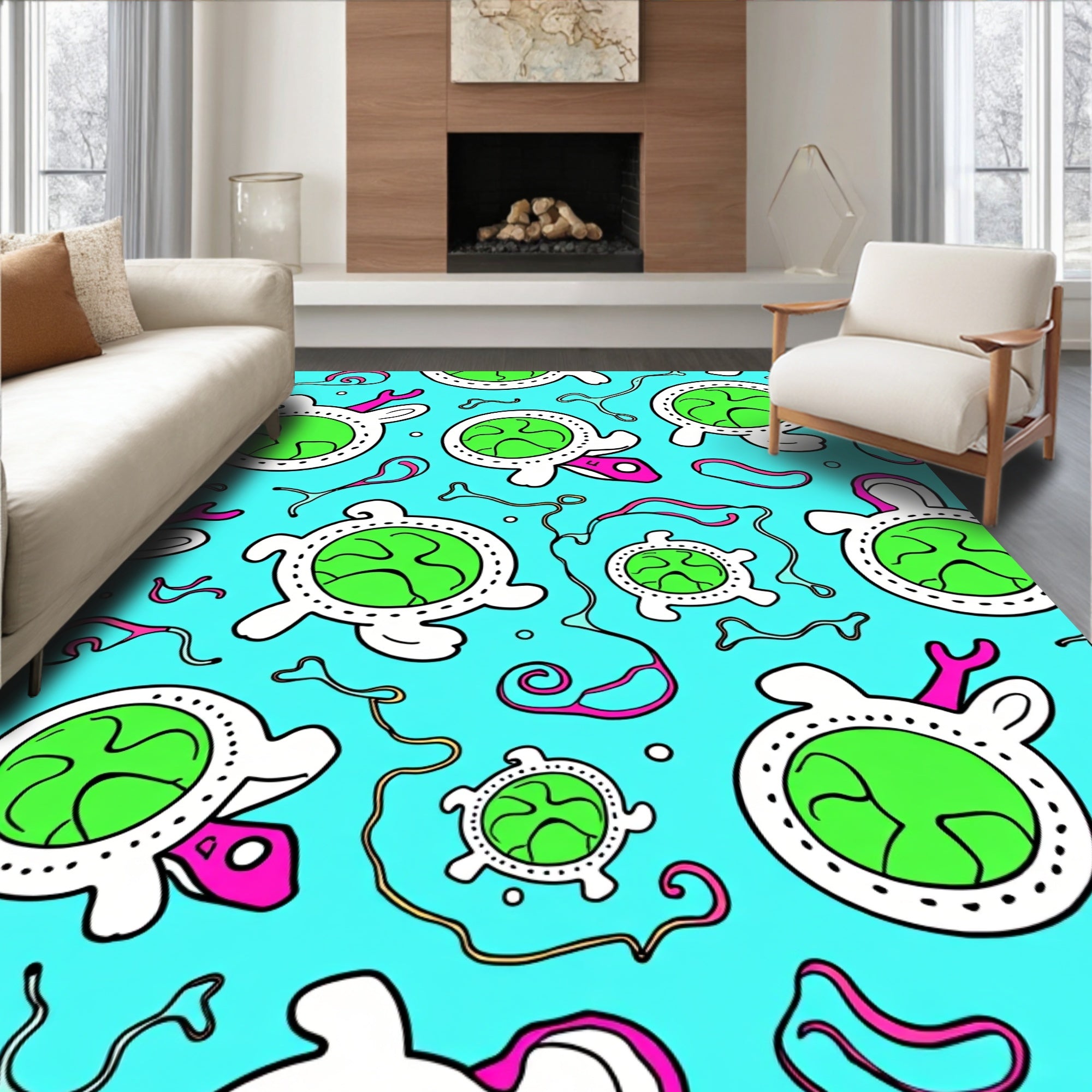 Playful Teal Green Turtle Creature Rug