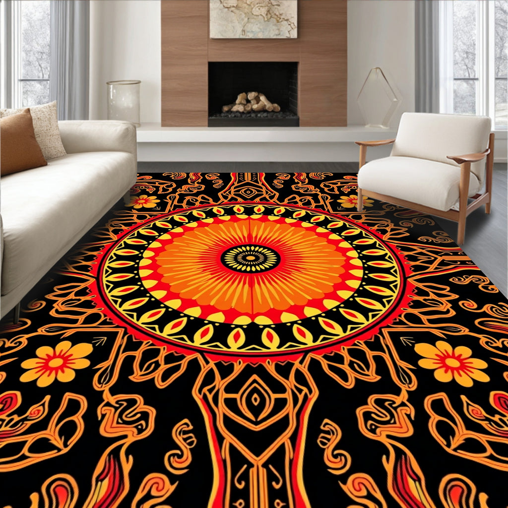 Vibrant Red Orange Sunburst Mandala Rug