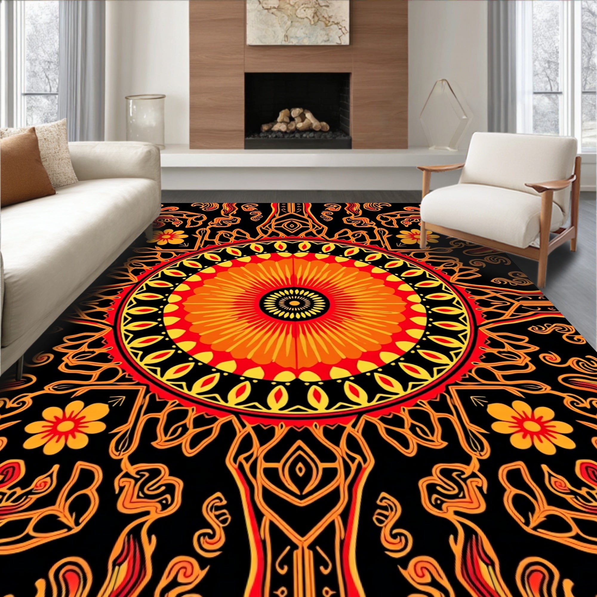 Vibrant Red Orange Sunburst Mandala Rug