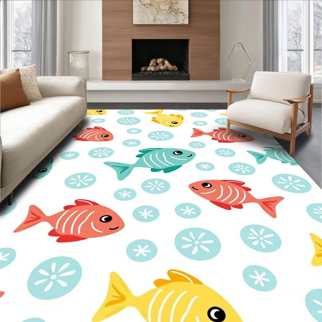 Yellow Coral Aqua Fish Circles Rug