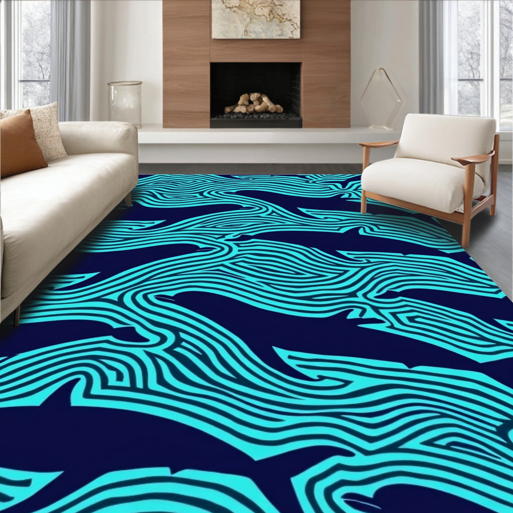 Navy Blue Turquoise Dolphin Waves Rug