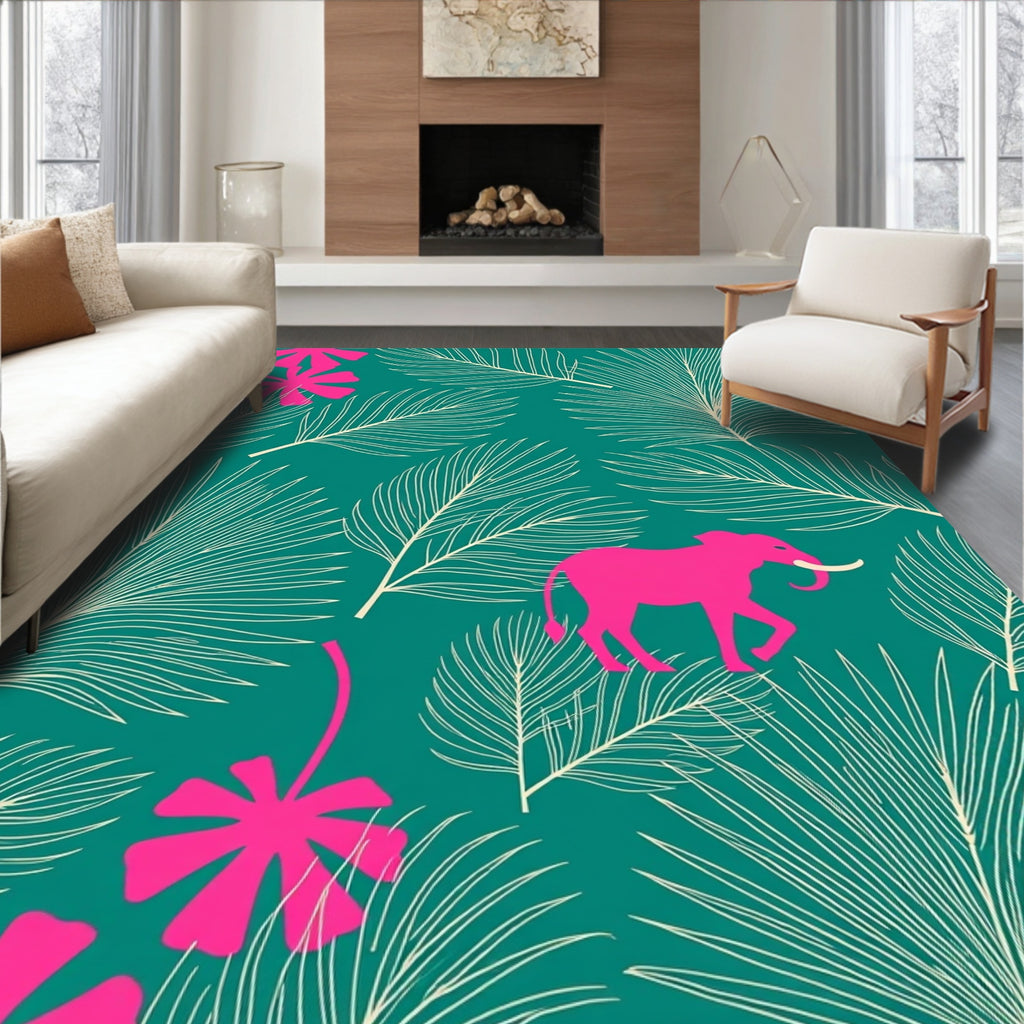 Bright Pink Elephant Jungle Leaf Rug