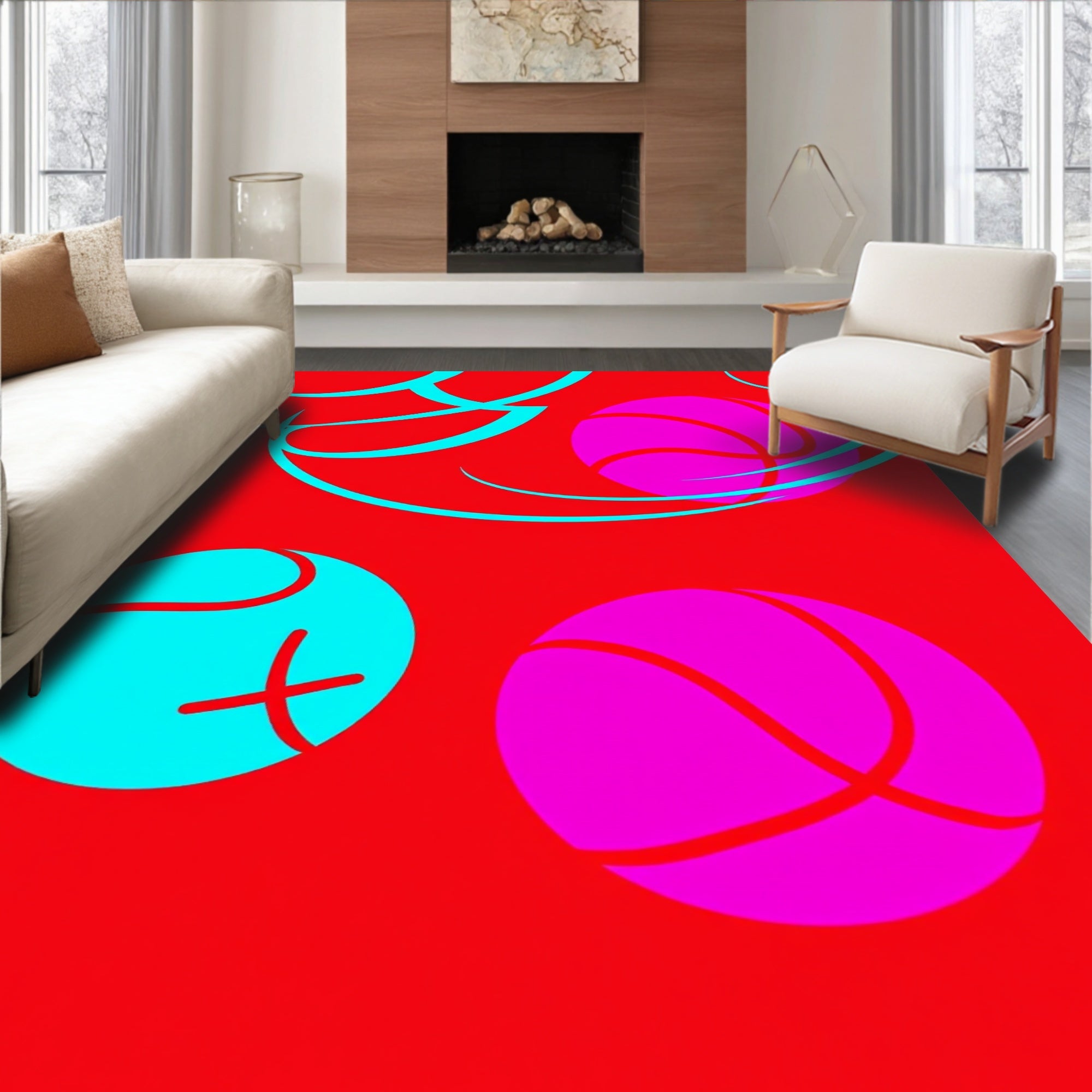 Crimson And Cyan Orb Swirl Rug