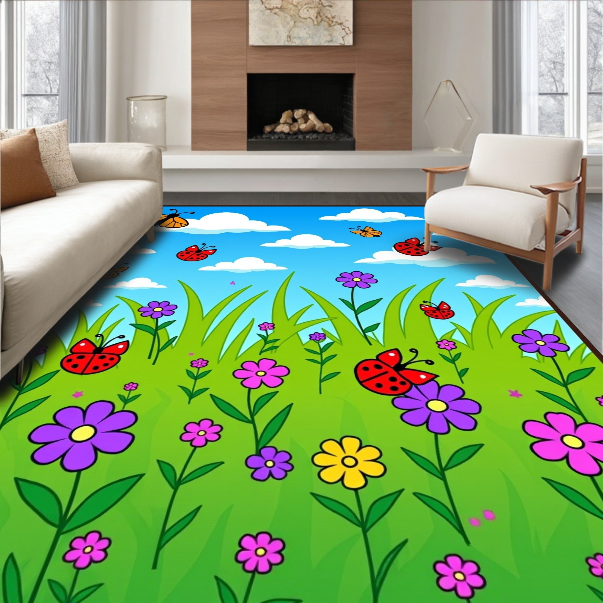 Whimsical Butterfly Ladybug Garden Field Rug