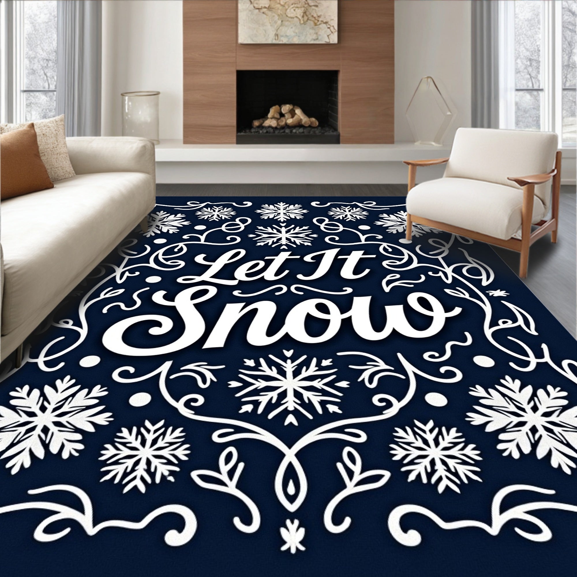 Dark Blue White Snowflake Calligraphy Rug