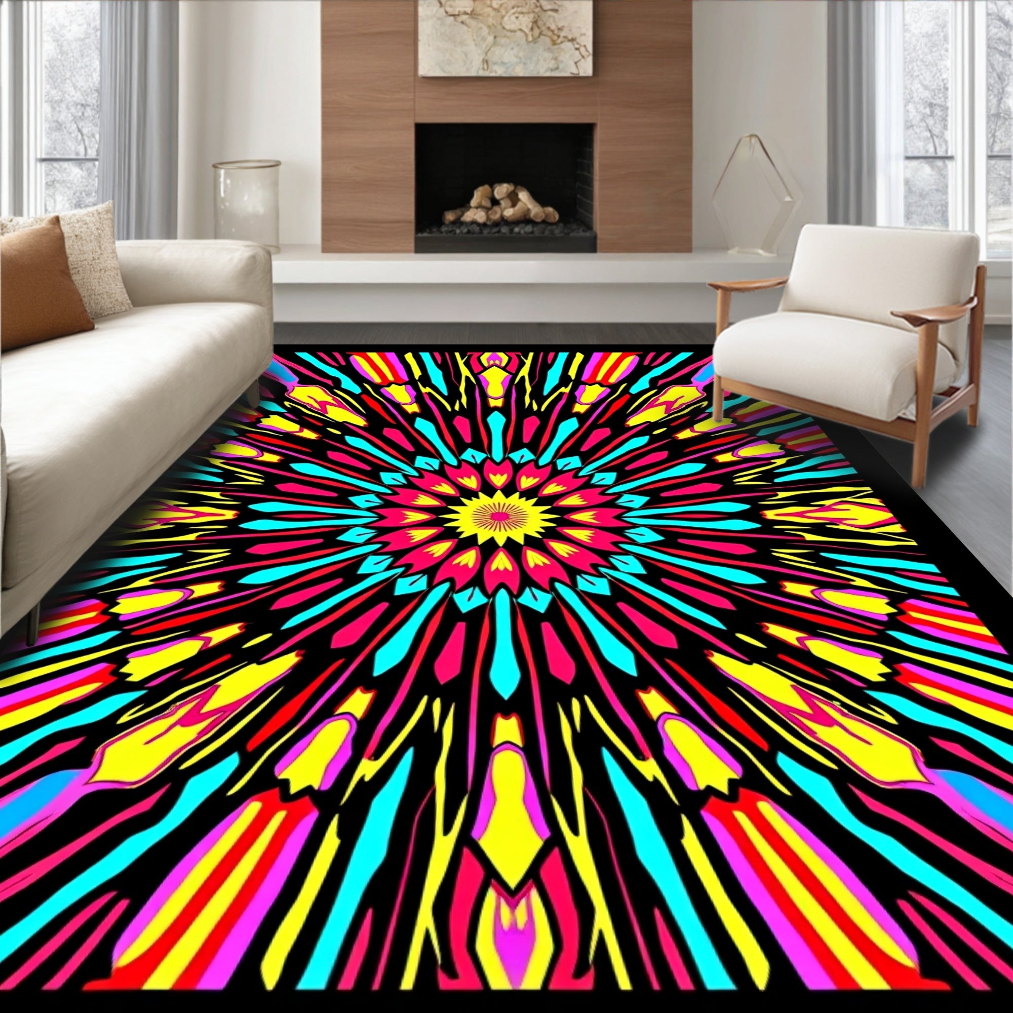 Vibrant Psychedelic Sunburst Medallion Rug