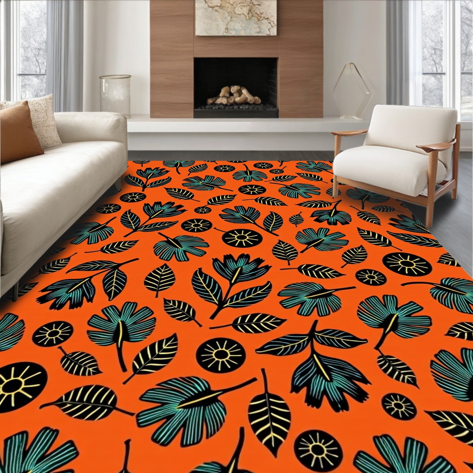 Bold Teal Floral Sunburst Orange Rug