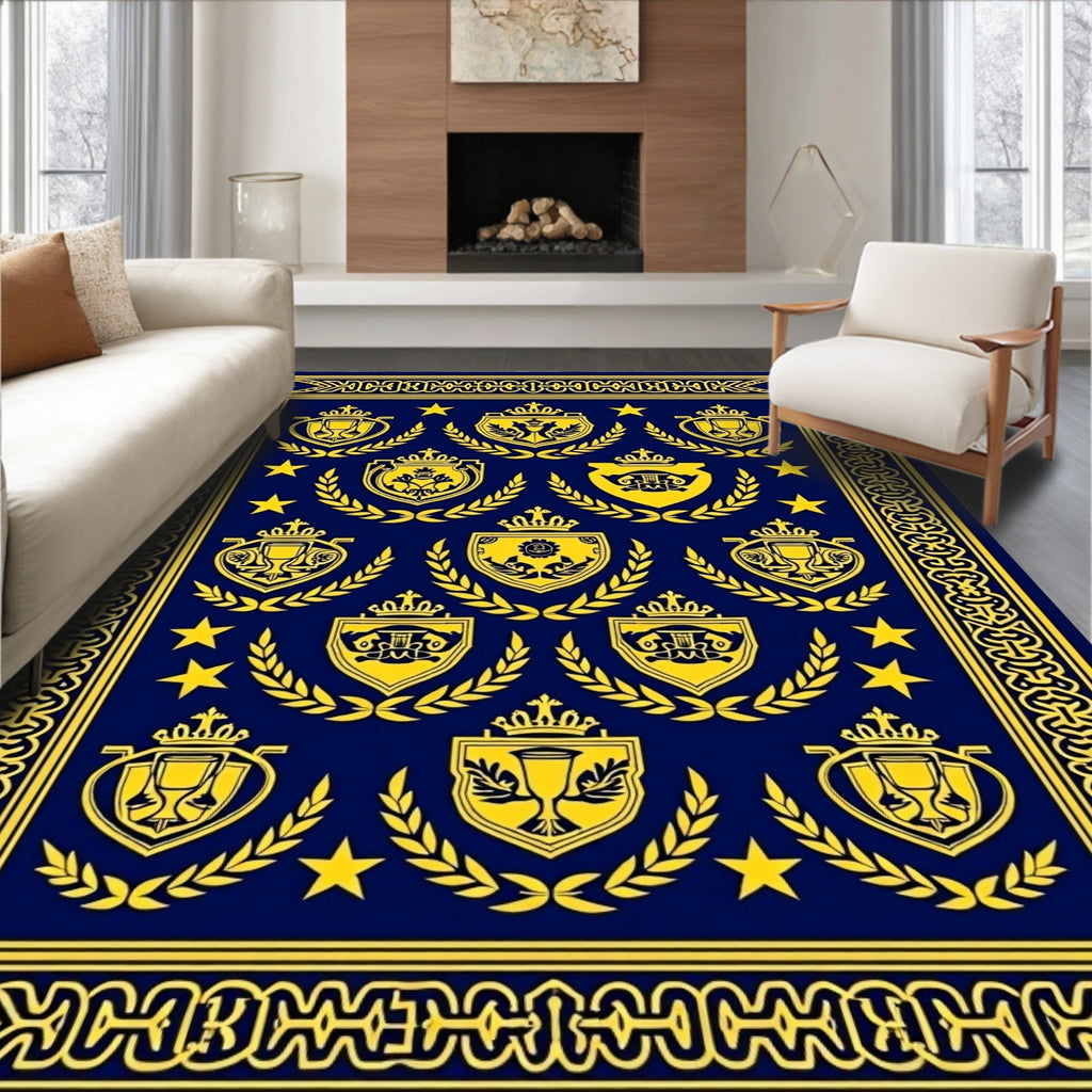 Navy Blue Golden Crest Medallion Laurel Rug