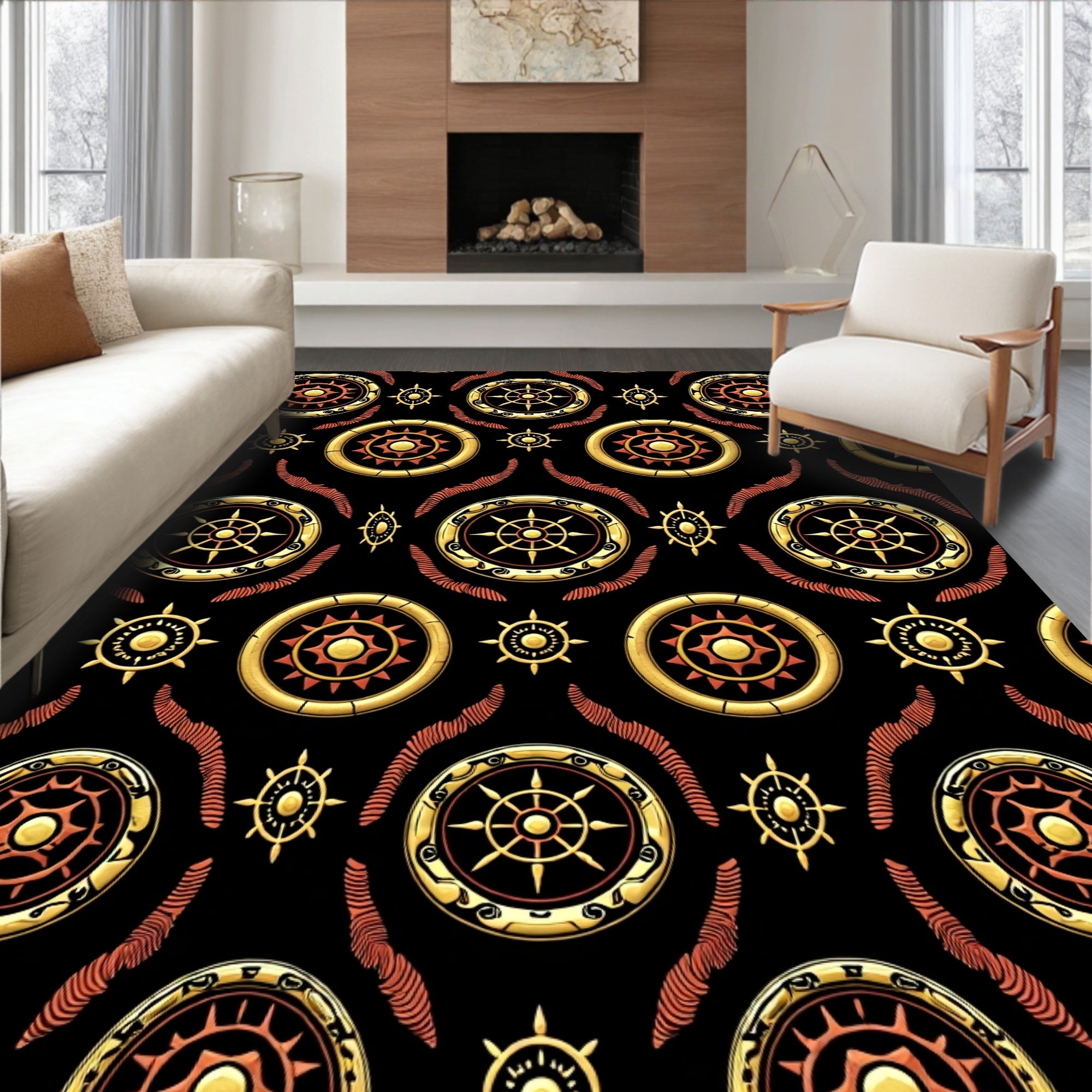 Golden Sun Medallion Black Rug