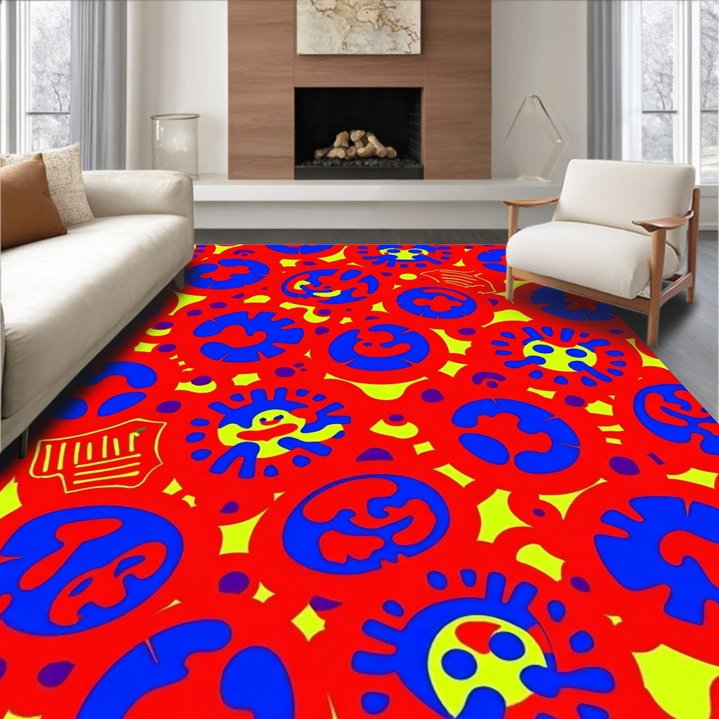 Vibrant Red Blue Organic Circles Rug