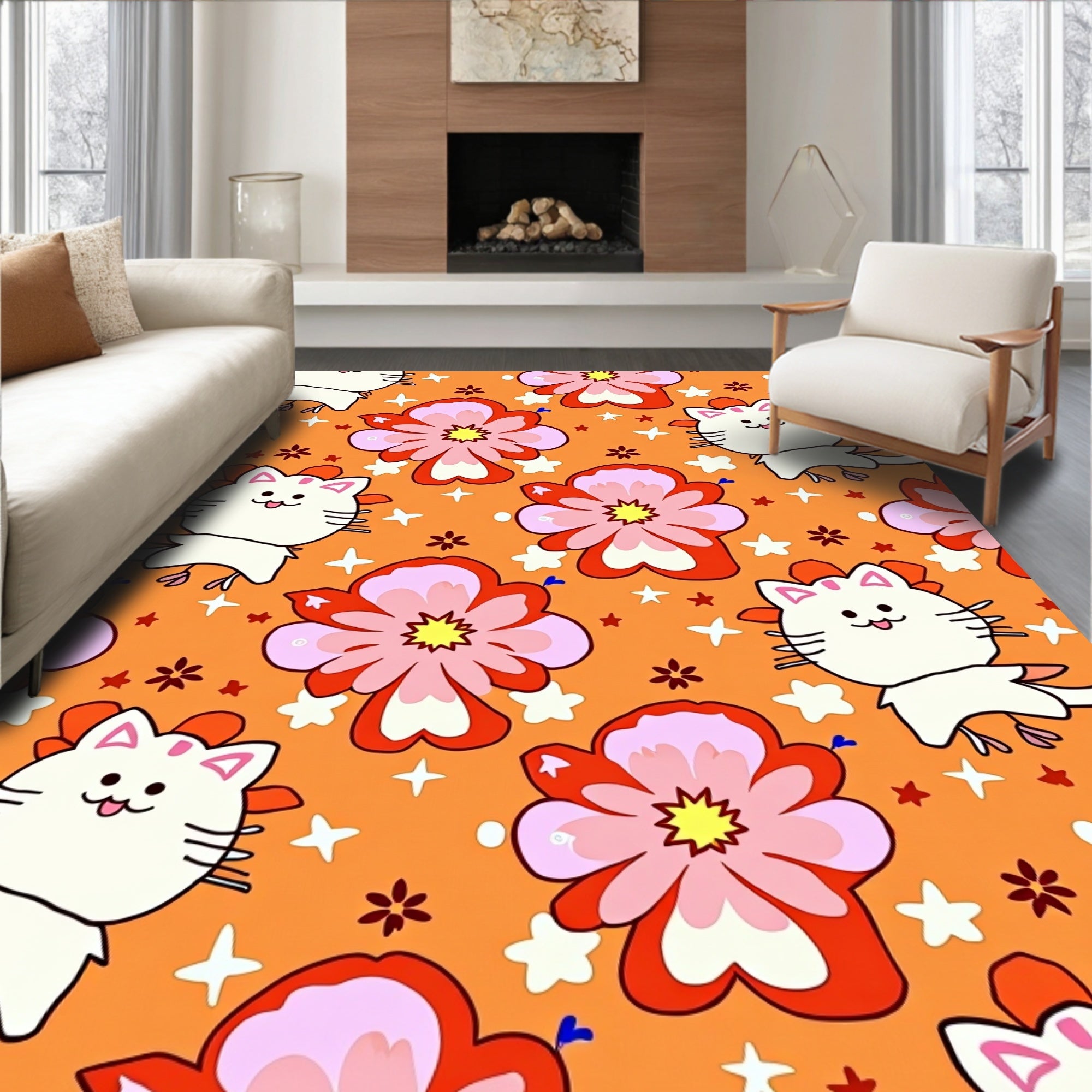 Groovy Orange Floral Cats Stars Rug