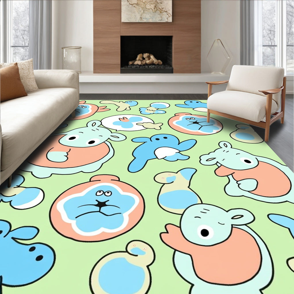 Whimsical Blue Peach Creature Collage Rug