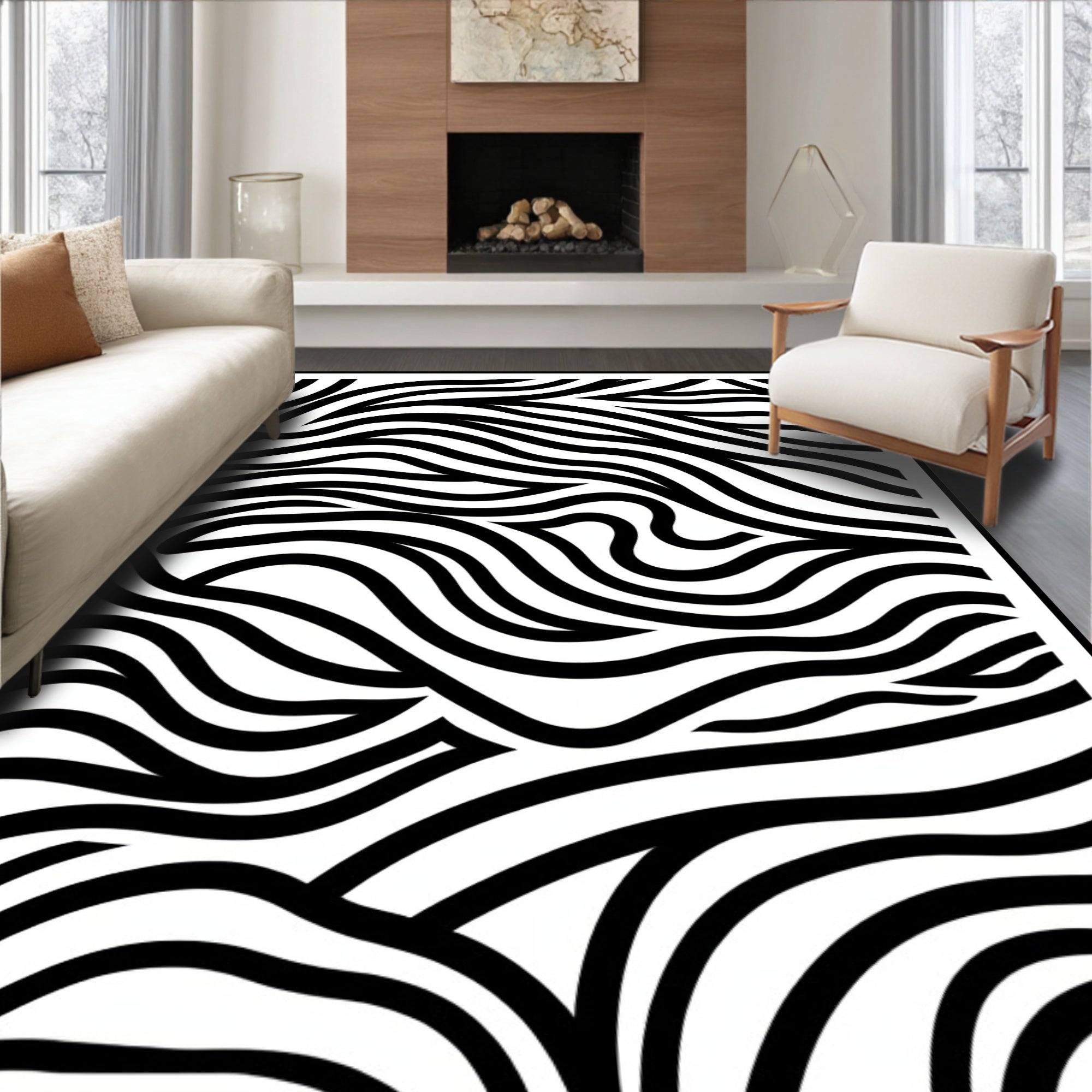 Bold Black and White Wavy Lines Rug
