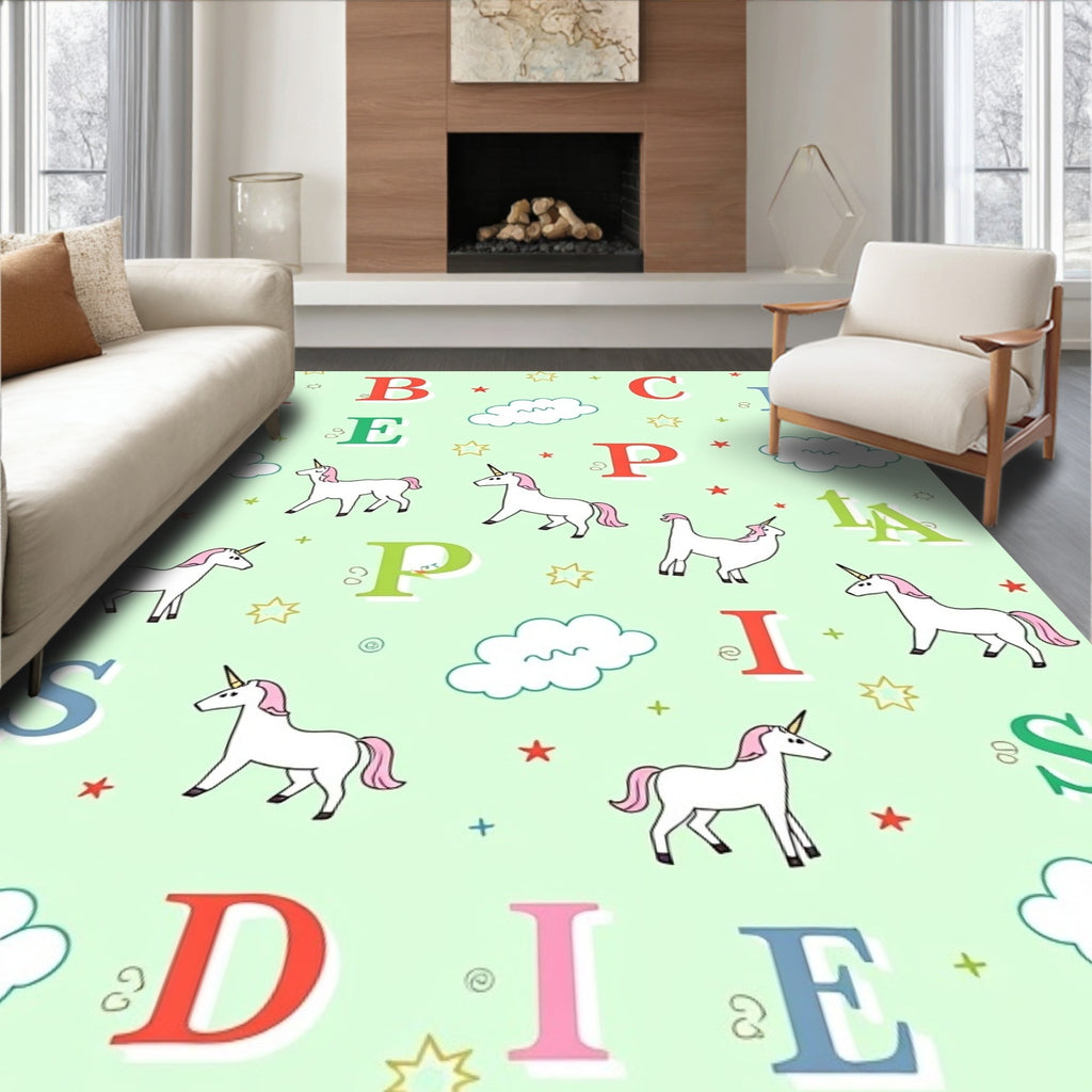 Whimsical Unicorn Alphabet Clouds Stars Rug