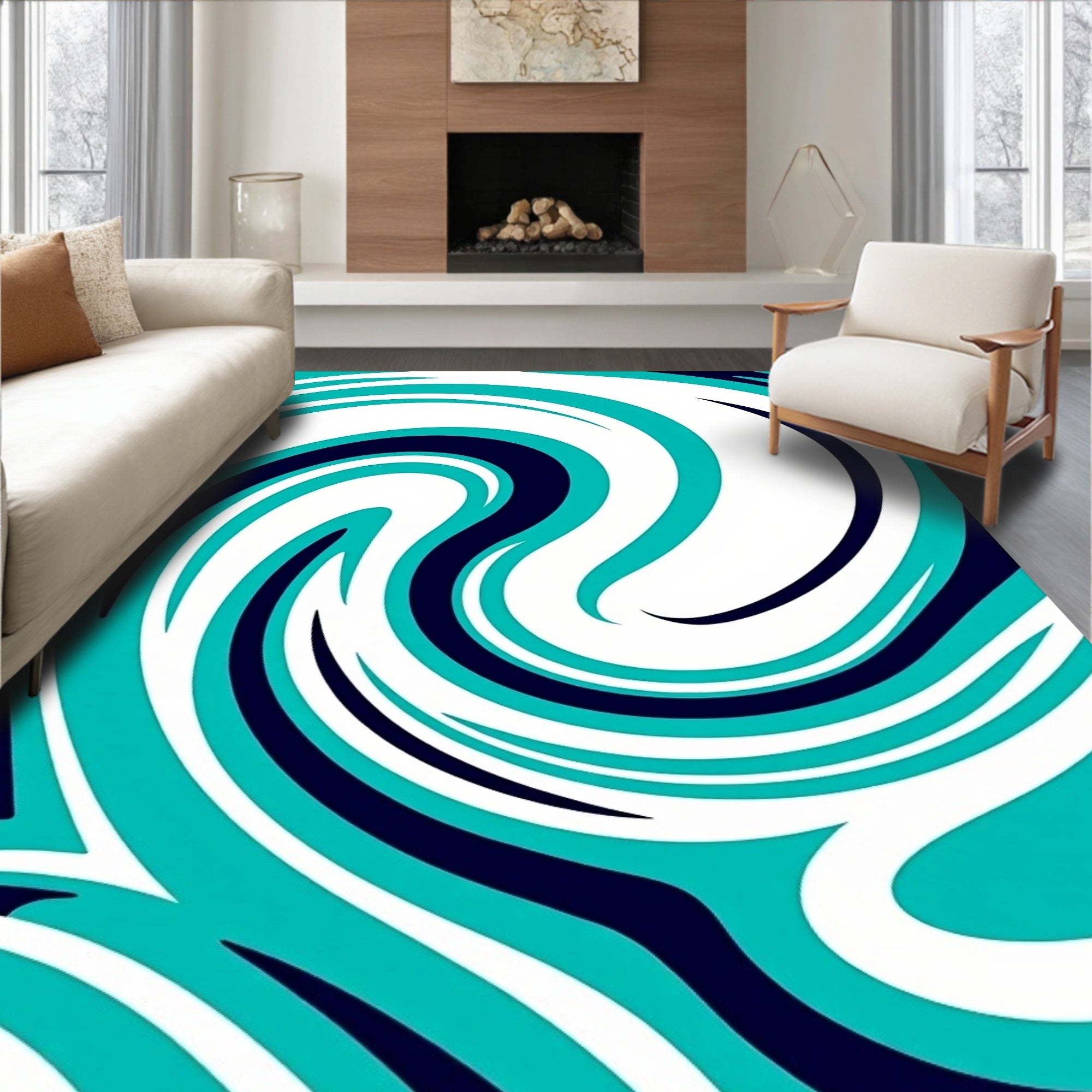 Turquoise Dark Blue Swirl Abstract Rug