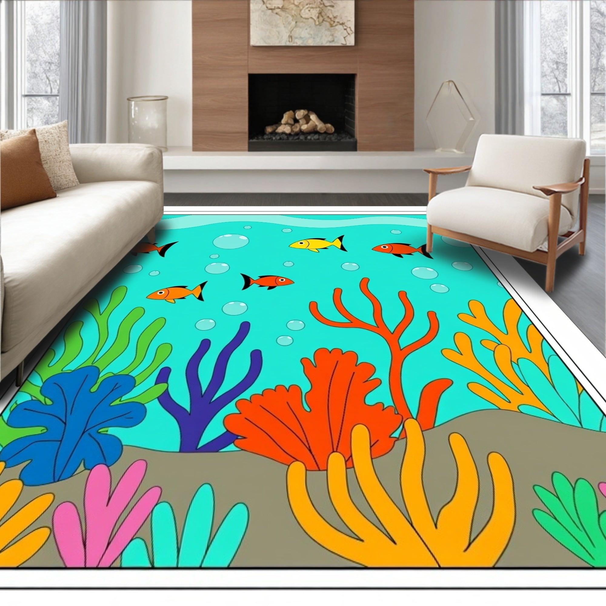Coral Reef Fish and Seaweed Scene Rug