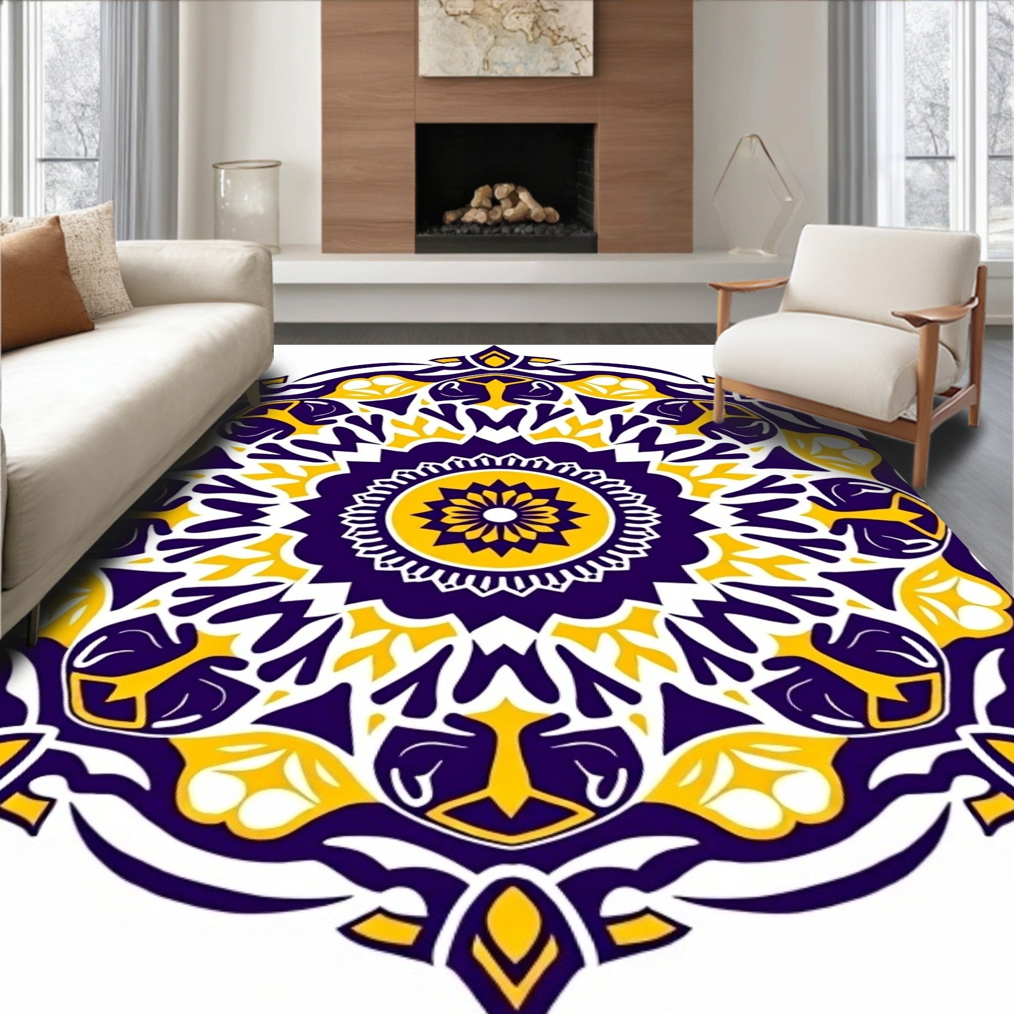 Vibrant Purple Yellow Sunburst Mandala Rug