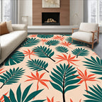 Tropical Leaf Coral Green Background Rug