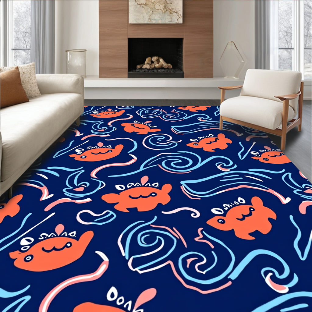Whimsical Coral Ocean Creatures Waves Rug