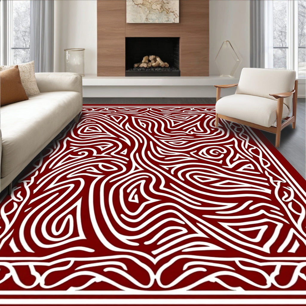 Crimson White Abstract Swirls Rug