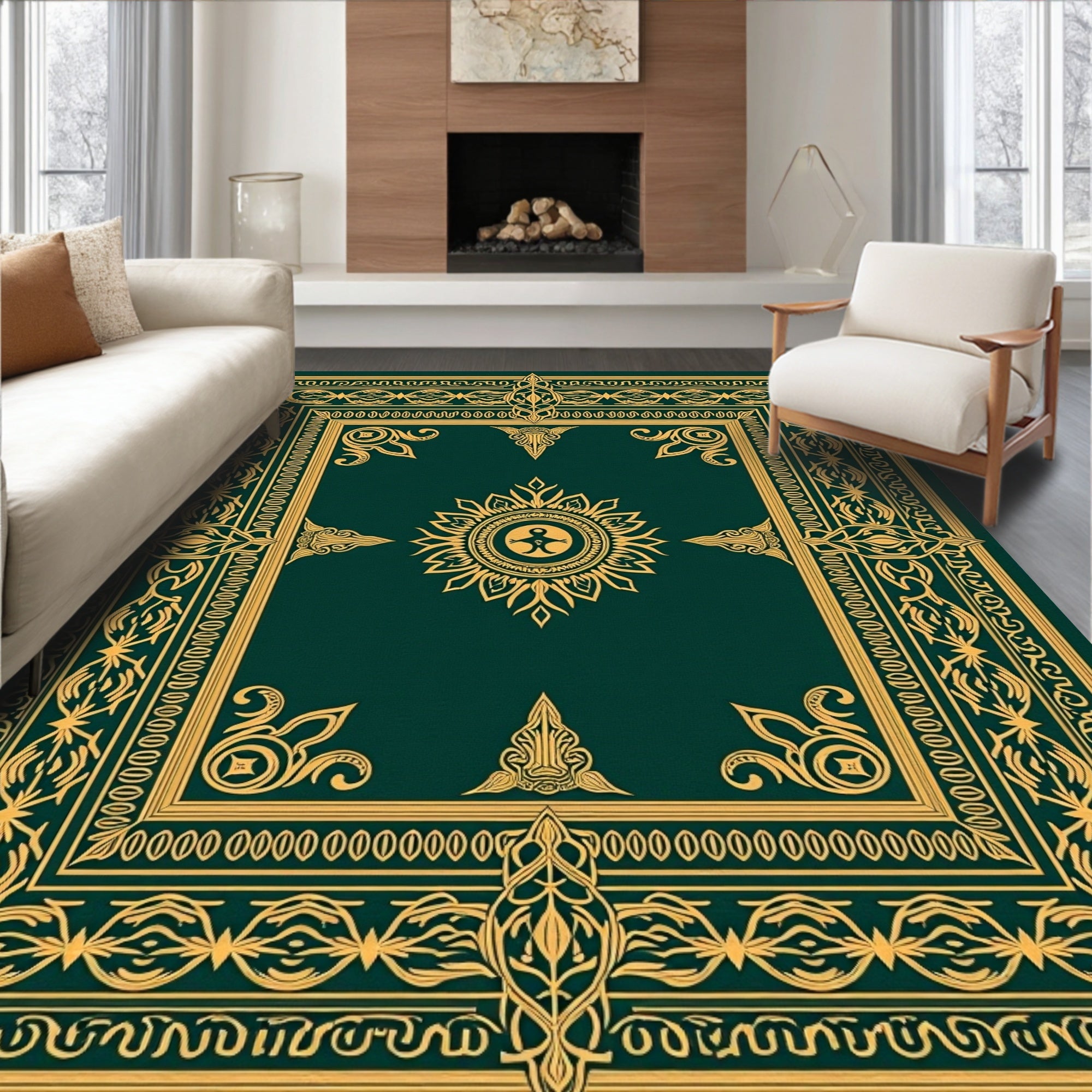 Emerald Green Golden Ornate Medallion Rug