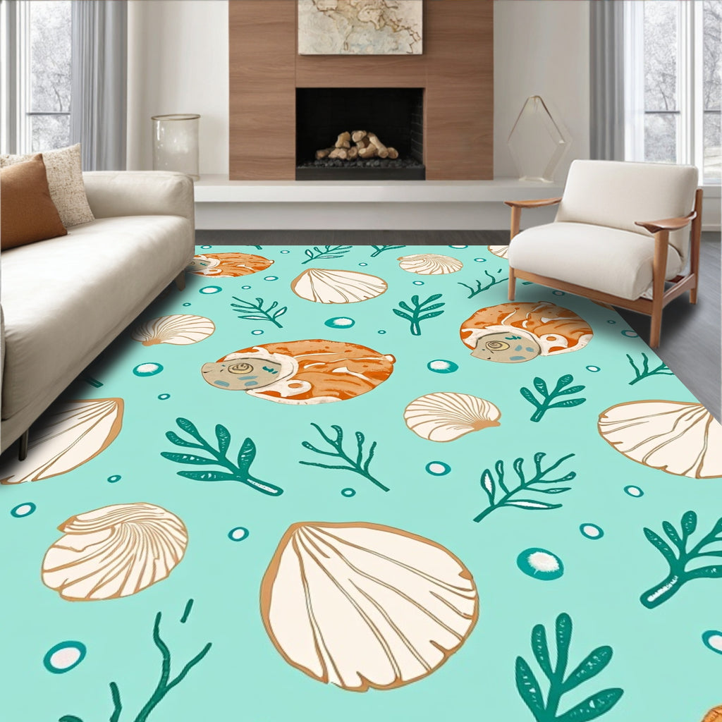 Aqua Orange Seashell Marine Life Rug