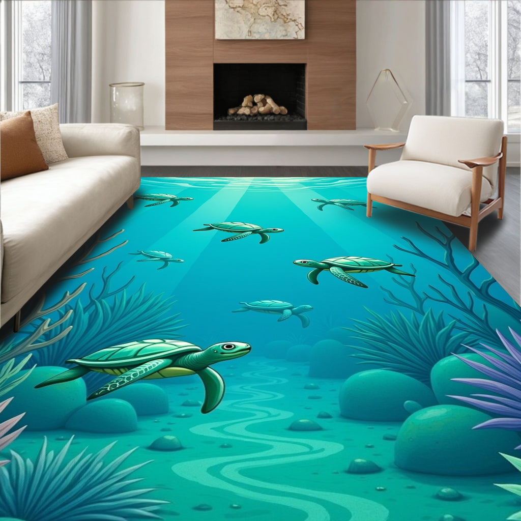 Underwater Sea Turtle Coral Reef Scene Rug