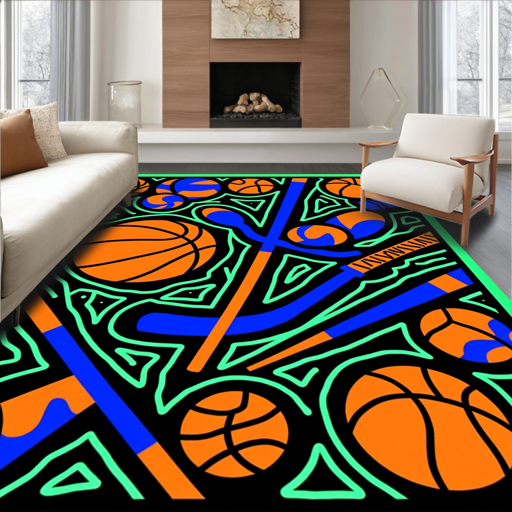 Bright Orange Blue Geometric Balls Rug