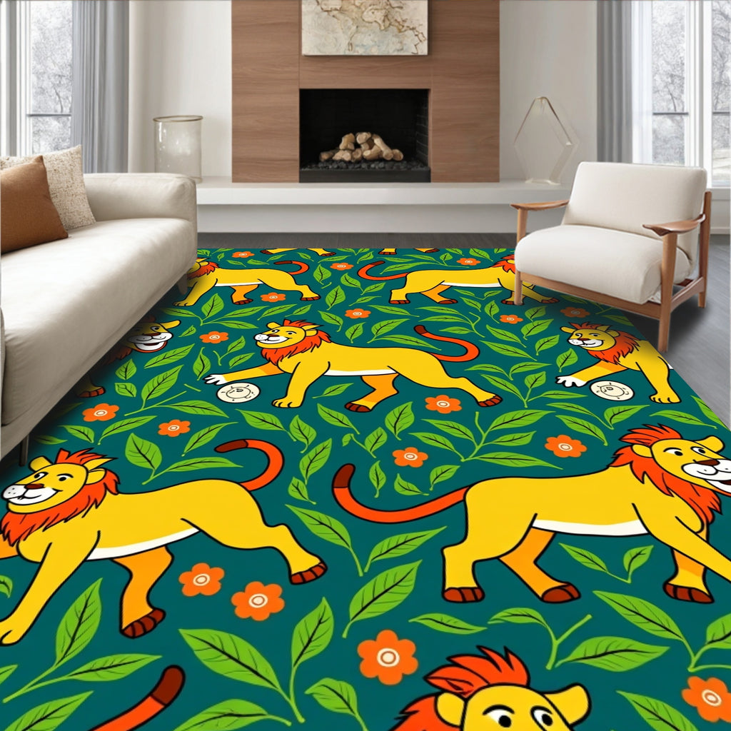 Whimsical Yellow Lion Jungle Foliage Rug