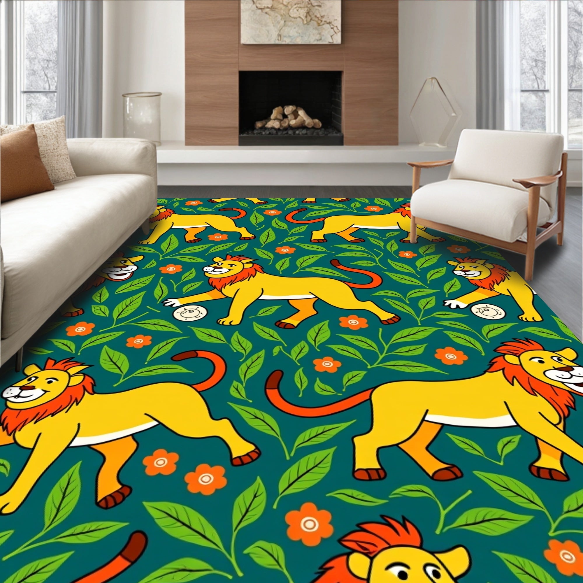 Whimsical Yellow Lion Jungle Foliage Rug