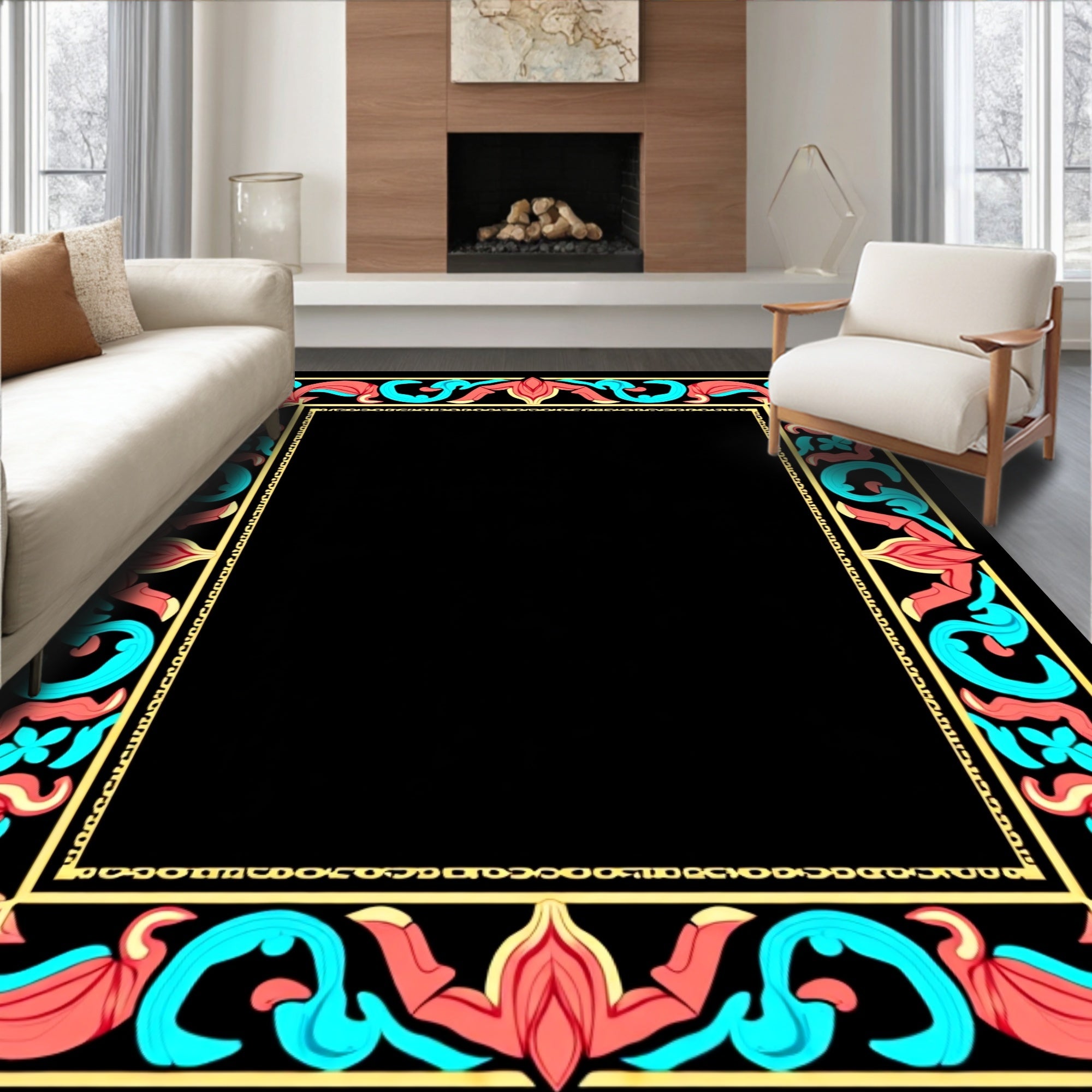 Coral Aqua Floral Scroll Border Rug