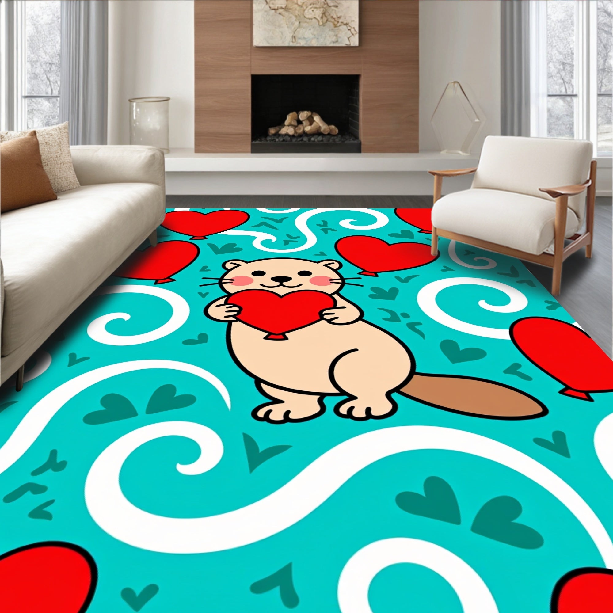 Cute Otter Red Heart Balloon Teal Rug